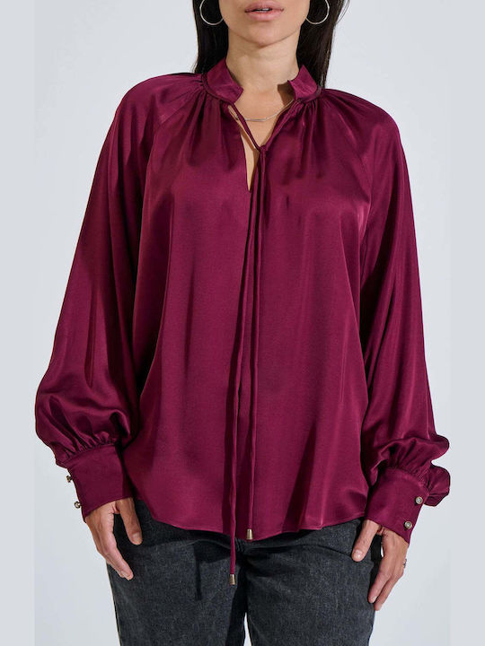 Women's Satin Blouse with V-Neck Burgundy