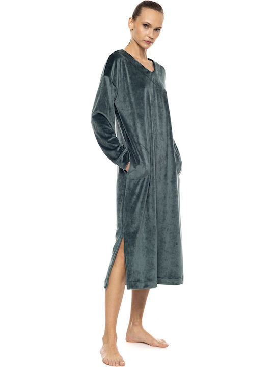 Pink Label Winter Velvet Women's Nightgown Yacht Blue Pink Label Winter Velvet Women's Nightgown Yacht Blue
