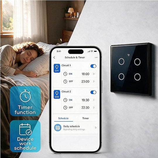 Qoltec Recessed Touch Wall Switch Wi-Fi with Frame Black