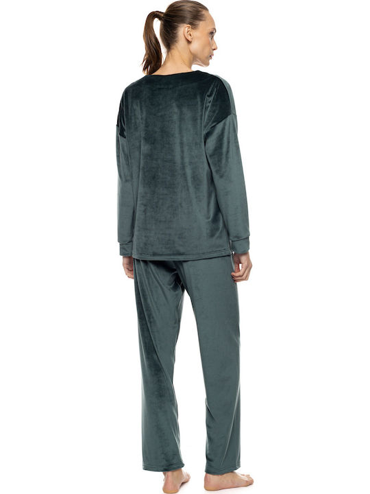 Pink Label Pink Label Damen-Schlafanzug & Pyjamas Winter Samt Dunkelgrün