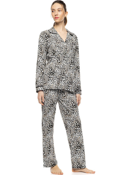 Pink Label Pink Label Damen Schlafanzug & Pyjamas Winter Set Ivory Leopard