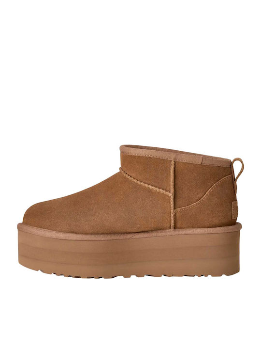 Classic Ultra Mini Platform Suede Women's Ankle Boots with Fur Brown