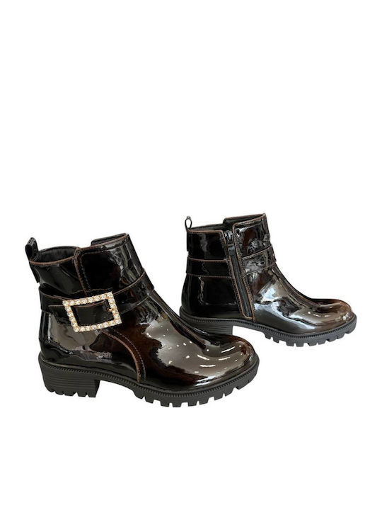 Stiefeletten Damen aus Lackleder mit Mittelhohem Absatz Braun