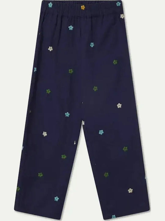 Women's Fabric Trousers with Elastic Floral Blue