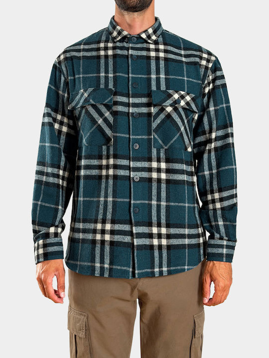 Long Sleeve Flannel Overshirt in Regular Fit Checked Petrol Blue