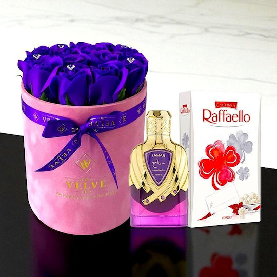 Pachet de frumusețe Crystal Aranjament floral Parfum arabesc Extrait De Parfum Samah Amethyst Riiffs Pentru femei 100 Ml Praline Raffaello 80g Mov