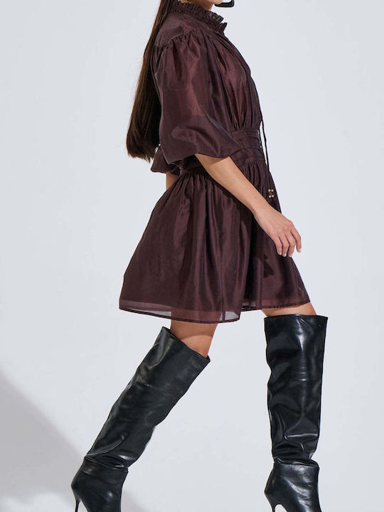 Summer Shirt Dress with Ruffles Brown