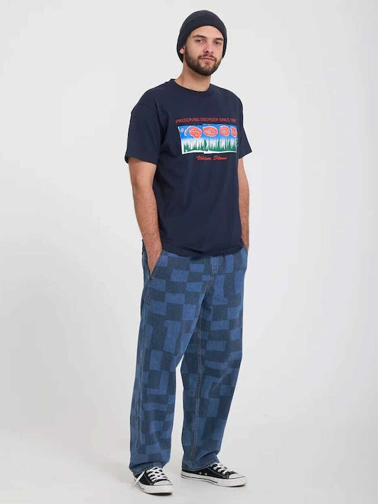 Pantaloni de Blugi pentru Bărbați Loose Tapered Fit Albastru în Carouri