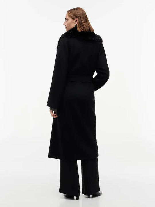 Wool Women's Coat Black Oversized with Fur Details