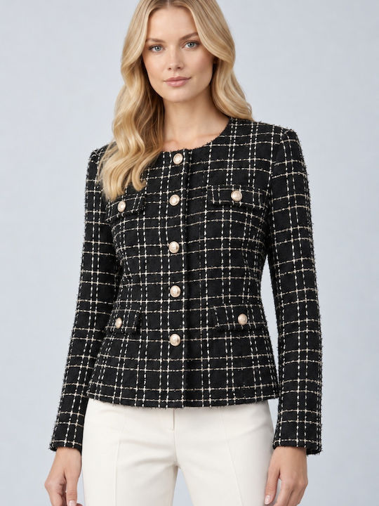 Veto Sacou Dama Lung Din Tweed Cu Talie Negru Carou