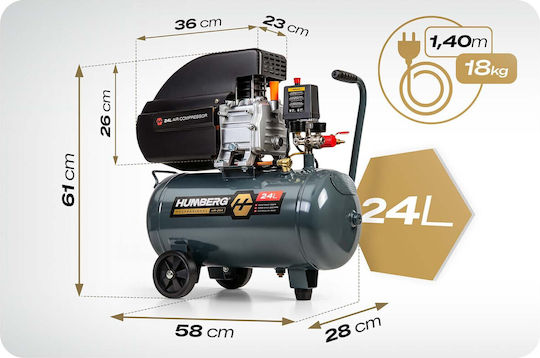 Humberg Κομπρεσέρ Αέρος 85dB με Ισχύ 2hp και Αεροφυλάκιο 24lt