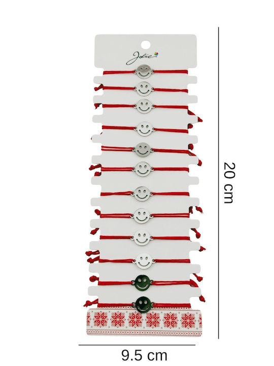 Brățară Martisor Pentru Femei Jolie Model Smile Set 12 Piese Pandantiv Argintiu Oțel Inoxidabil Șnur Roșu Reglabil