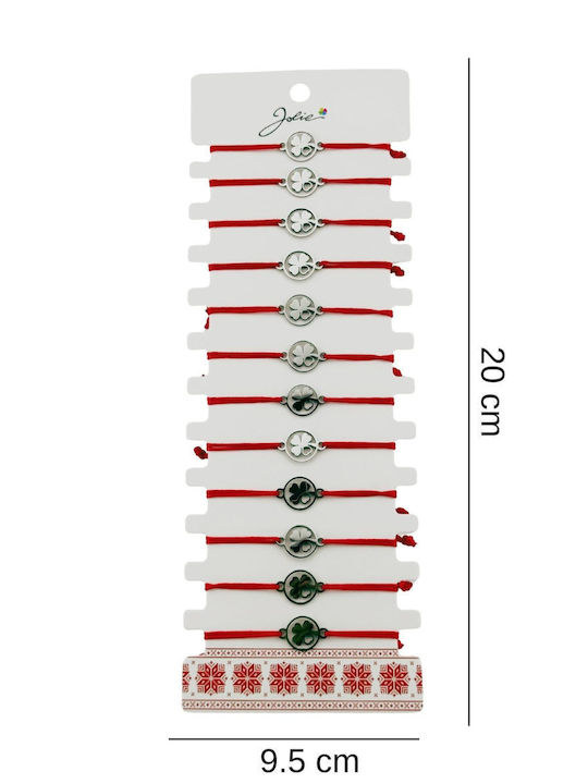 Martisor Bracelet Women Jolie Clover Heart Design Set 12 Pieces Silver Stainless Steel Pendant Adjustable Red Cord