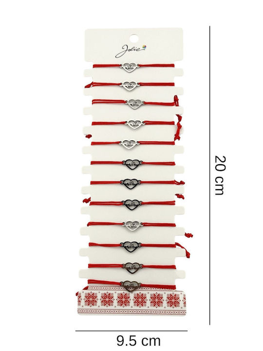 Martisor Bracelet Women Jolie Heart Design Set 12 Pieces Silver Stainless Steel Pendant Adjustable Red Cord