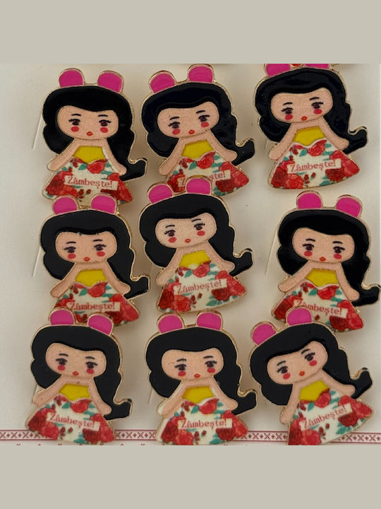 Set 12 Pinuri Mărțișor Copii Jolie Fată Model Zâmbet Mesaj Multicolore