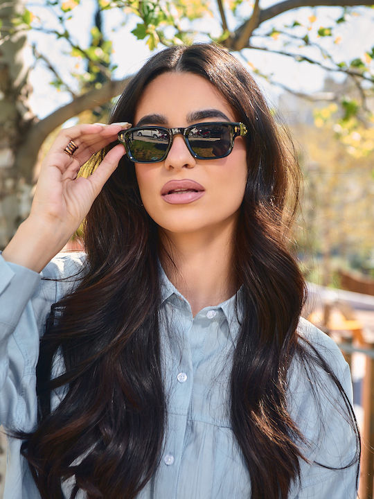 Leegio Women's Sunglasses with Black Horn-Rimmed Frame and Black Lens