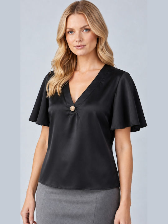 Bluza Damă Crop Top Satin Cu Decolteu În V Neagră