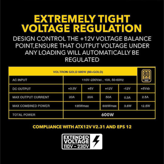 Armaggeddon Voltron Gold 600 rev. 2.31 600W Μαύρο Τροφοδοτικό Υπολογιστή Semi Modular 80 Plus Gold
