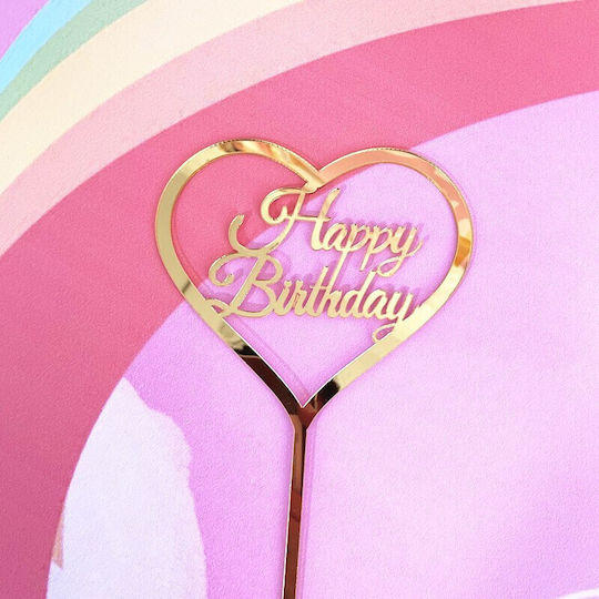 Decoratiune Cake Topper Flippy Formă Inimă Scrisuri La Mulți Ani Temă Aniversare Aurie