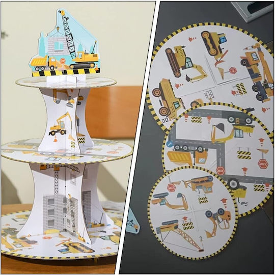 Stand Pentru Tort Flippy Din Carton 3 Niveluri Diametru 16 22 29 Cm Înălțime 38 Cm Temă Utilaje De Construcții Multicolor