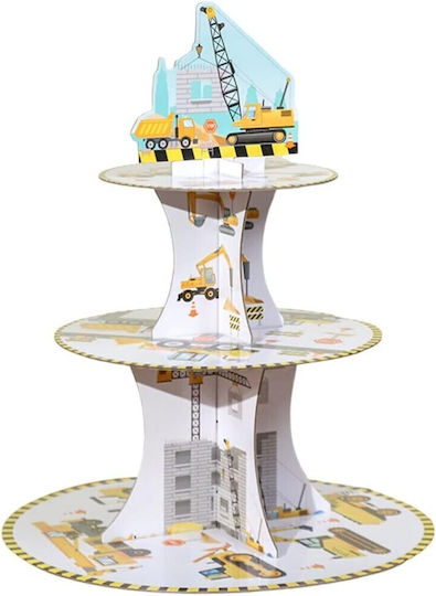 Stand Pentru Tort Flippy Din Carton 3 Niveluri Diametru 16 22 29 Cm Înălțime 38 Cm Temă Utilaje De Construcții Multicolor