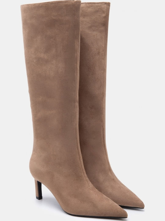 Suede Women's Boots with Mid Heel Beige