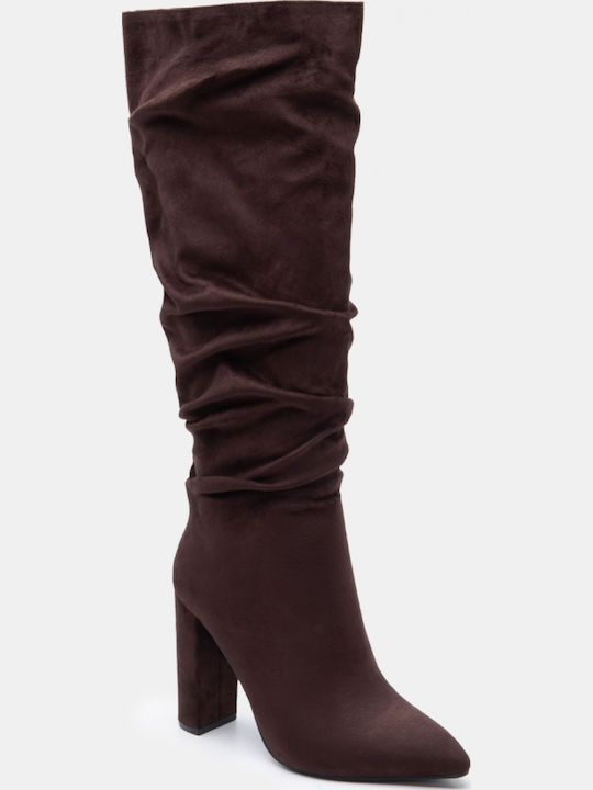 Suede Women's Boots with High Heel Brown