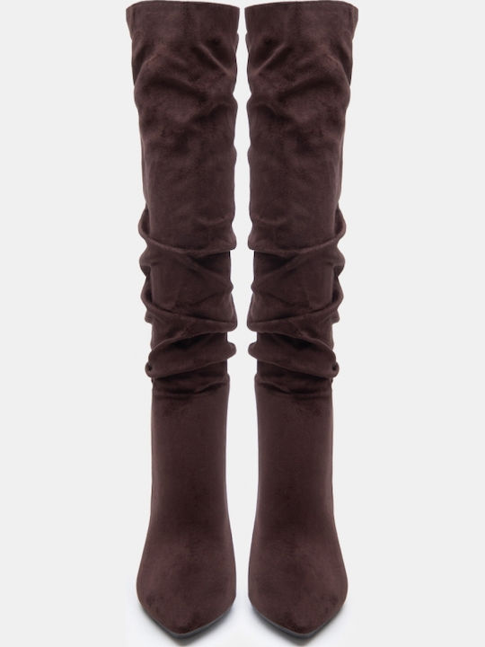 Suede Women's Boots with High Heel Brown