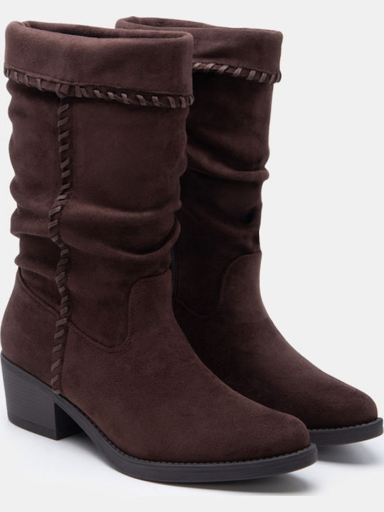 Suede Women's Ankle Boots Cowboy with Medium Heel Brown