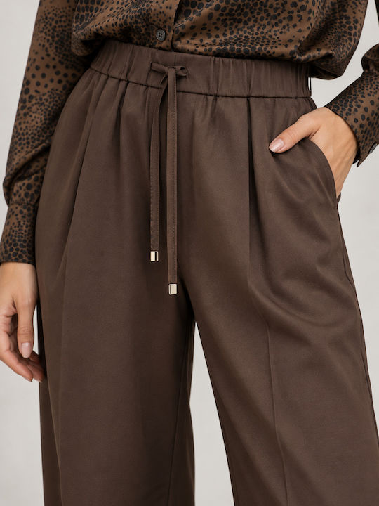 Women's High Waist Fabric Trousers Dark Brown