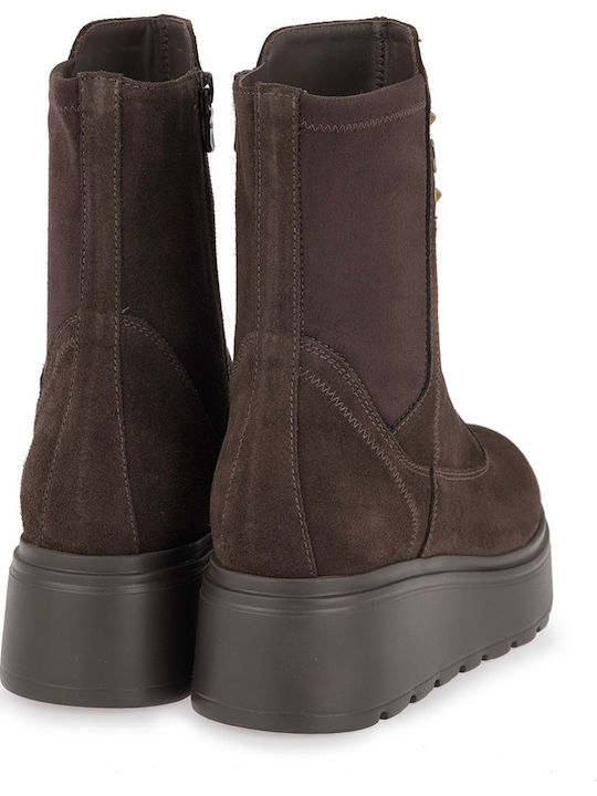 Suede Women's Ankle Boots with Mid Heel Brown