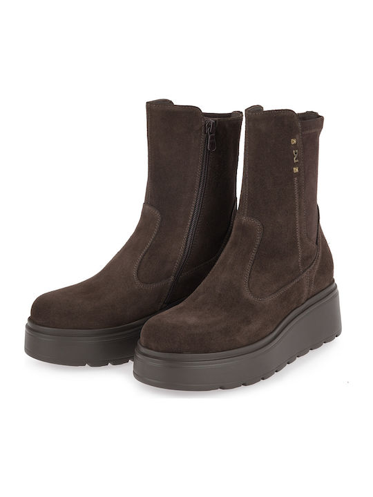 Suede Women's Ankle Boots with Mid Heel Brown