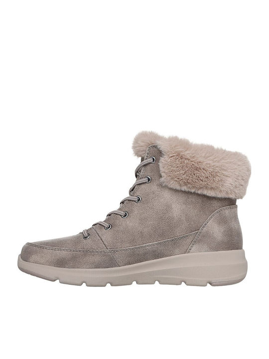 Glacial Ultra Leather Women's Ankle Boots with High Heel & Fur Beige