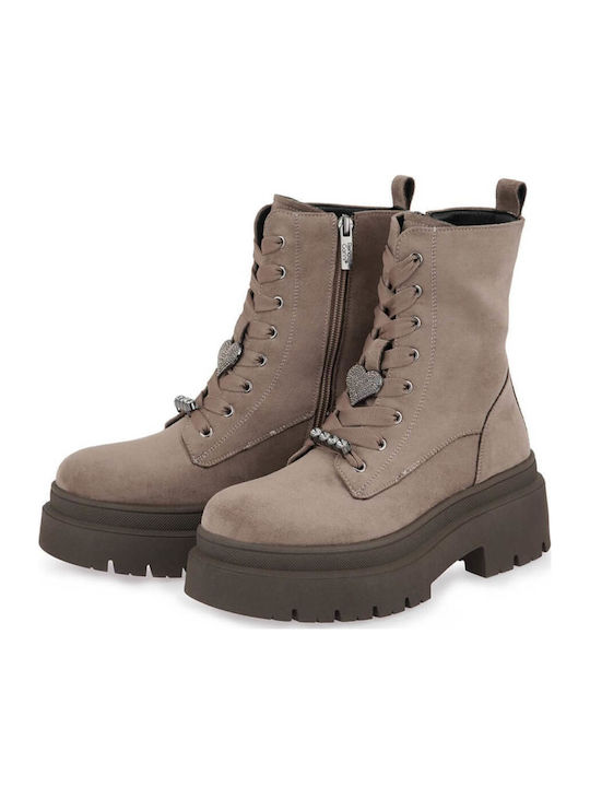 Suede Women's Combat Boots with Mid Heel Brown