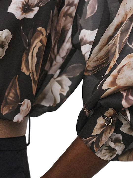 Langärmeliges Damenhemd Schwarz-Beige Blumen 64-7061-0035-Schwarz