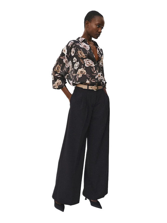 Langärmeliges Damenhemd Schwarz-Beige Blumen 64-7061-0035-Schwarz