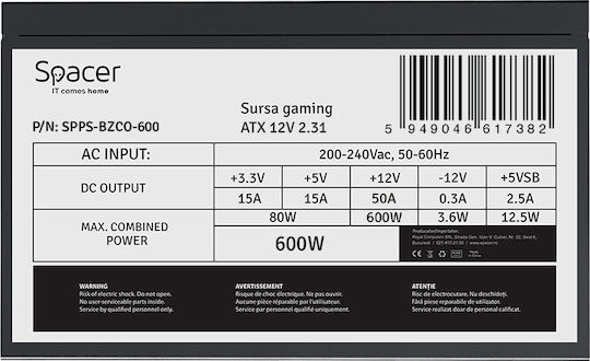 Spacer 600W Schwarzes Netzkabel Voll Verkabelt 80 Plus Bronze (SPPS-BZCO-600)