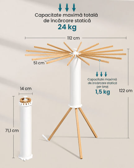 Songmics Uscător de rufe pliabil de podea din lemn cu lungimea suportului de uscare a hainelor 1.22m