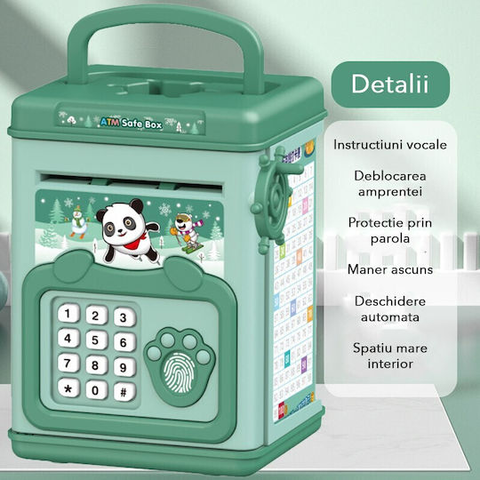 Children's Piggy Bank Flippy Smart Box Savings Piggy Bank Sound Effects Atm Type Fingerprint Password Plastic 20 X 13.5 X 11.5 Cm Green
