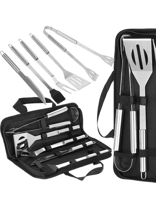 Set de ustensile pentru grătar din oțel inoxidabil, 5 piese, cu husă de transport 37x14x5 cm, argintiu Set de ustensile pentru grătar din oțel inoxidabil, 5 piese, cu husă de transport 37x14x5 cm, argintiu