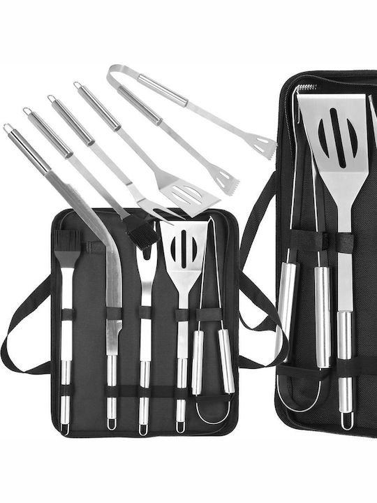 Set de ustensile pentru grătar din oțel inoxidabil, 5 piese, cu husă de transport 37x14x5 cm, argintiu