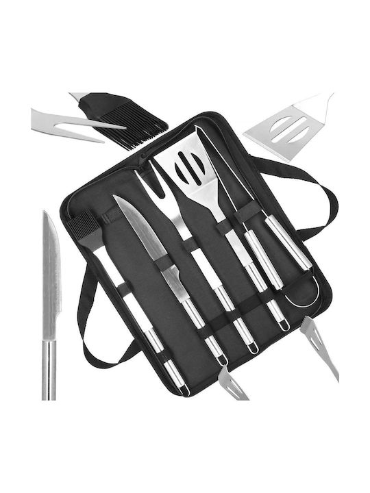 Set de ustensile pentru grătar din oțel inoxidabil, 5 piese, cu husă de transport 37x14x5 cm, argintiu