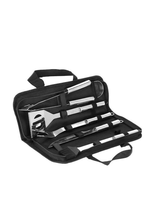 Set de ustensile pentru grătar din oțel inoxidabil, 5 piese, cu husă de transport 37x14x5 cm, argintiu