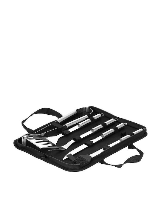 Set de ustensile pentru grătar din oțel inoxidabil, 5 piese, cu husă de transport 37x14x5 cm, argintiu