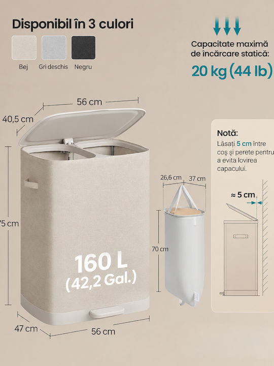 Songmics Coș de Rufe Plastic Pliabil 160lt cu Capac 56x47x75cm Bej