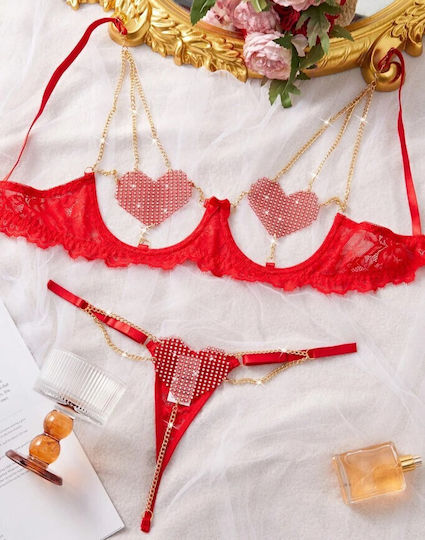 Roza Rz6229 Sexy Set Women's Lingerie 2 Pieces Red Lace Hearts Rhinestones & Gold-Colored Chains