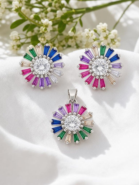Set Bijuterii Pentru Femei Argint 925 Jolie Design Floare Multicoloră Alb Centru Petale Drepte 5.4 G Argint Multicolor