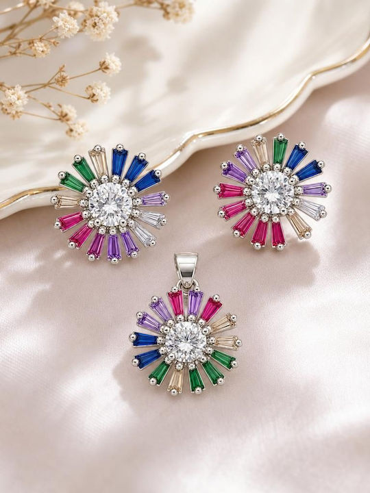 Set Bijuterii Pentru Femei Argint 925 Jolie Design Floare Multicoloră Alb Centru Petale Drepte 5.4 G Argint Multicolor