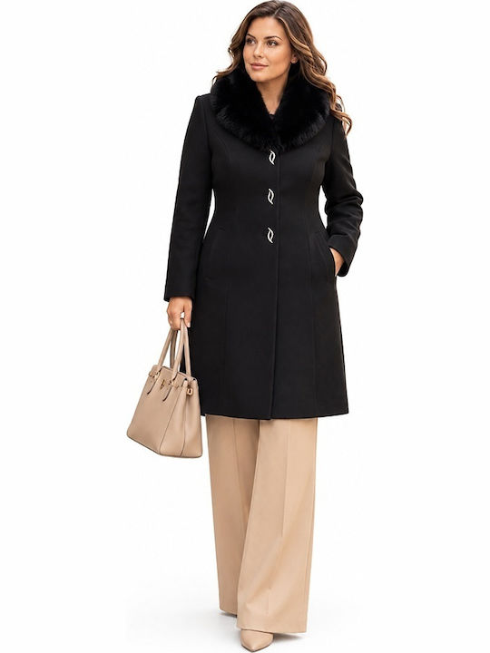 Leder Damenmäntel Schwarz mit Fell Details