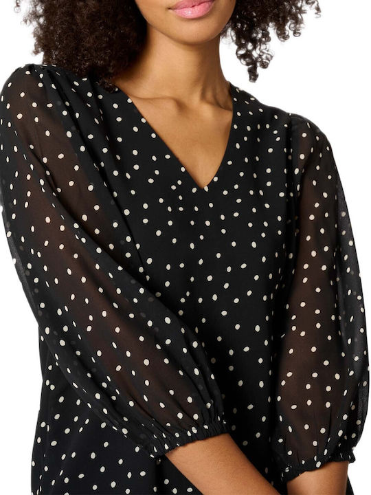 Women's Blouse with 3/4 Sleeve & V-Neckline Black Polka Dot